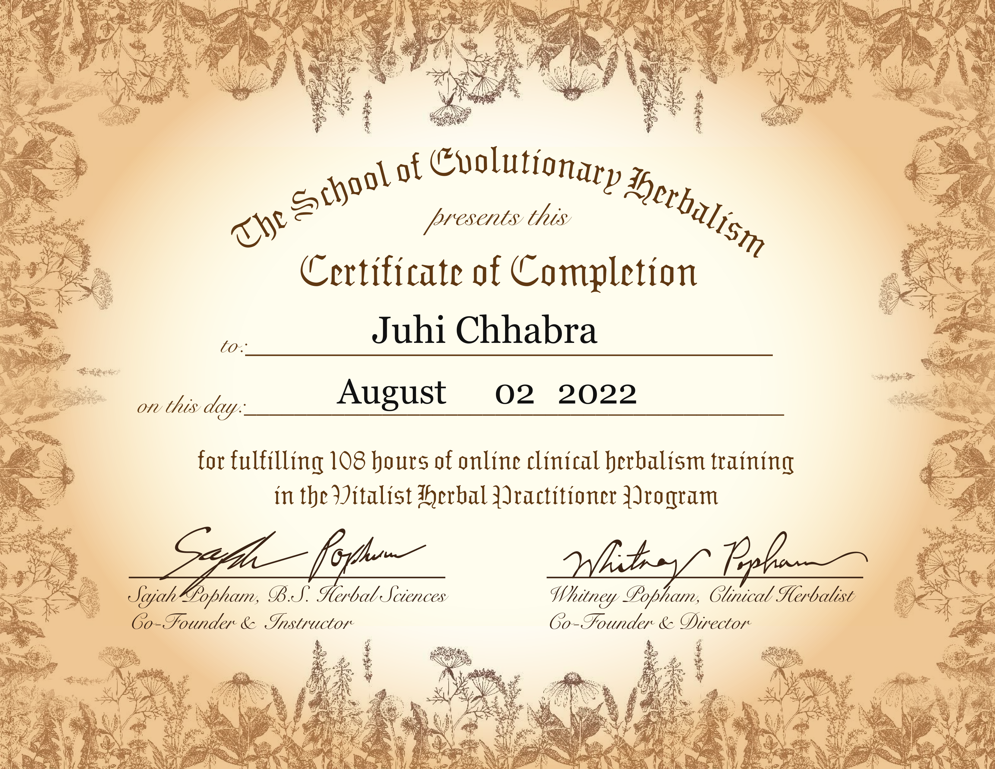 Juhi_Vitalist Herbal Practitioner Certficate of Completion